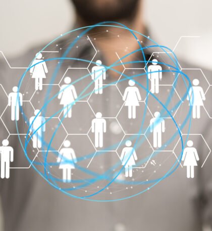 A digital illustration of the network and data concept in the hands in 3D